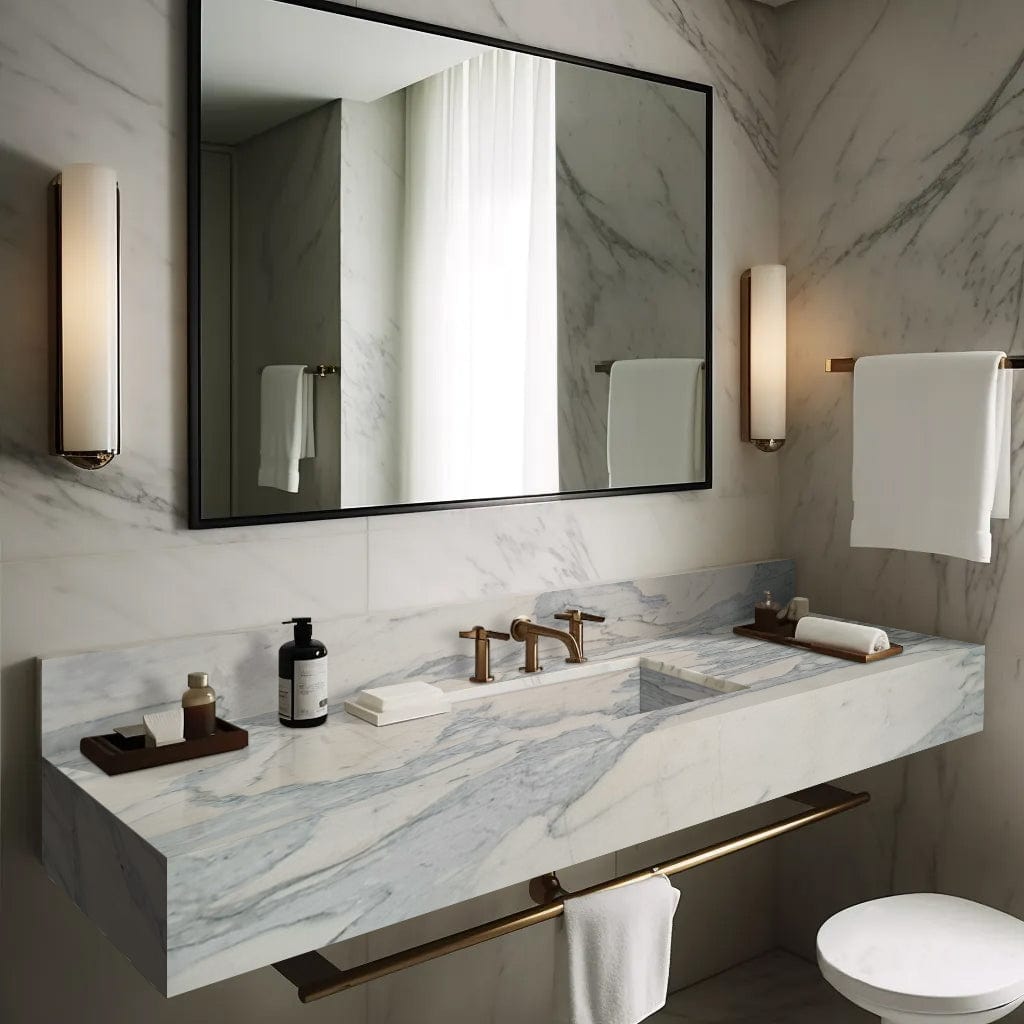 Villohome | Online Flooring Shop Stone Sinks 8-14 Weeks / (W)16" (W)60" (H)8" / Honed Calacatta Olivia Marble Sink Wall-mount Bathroom Sink with 8" Backsplash (W)16" (L)60" (H)8" Calacatta Olivia Marble Sink Wall-mount Bathroom Sink with 8" Backsplash (W)16" (L)60" (H)8"
