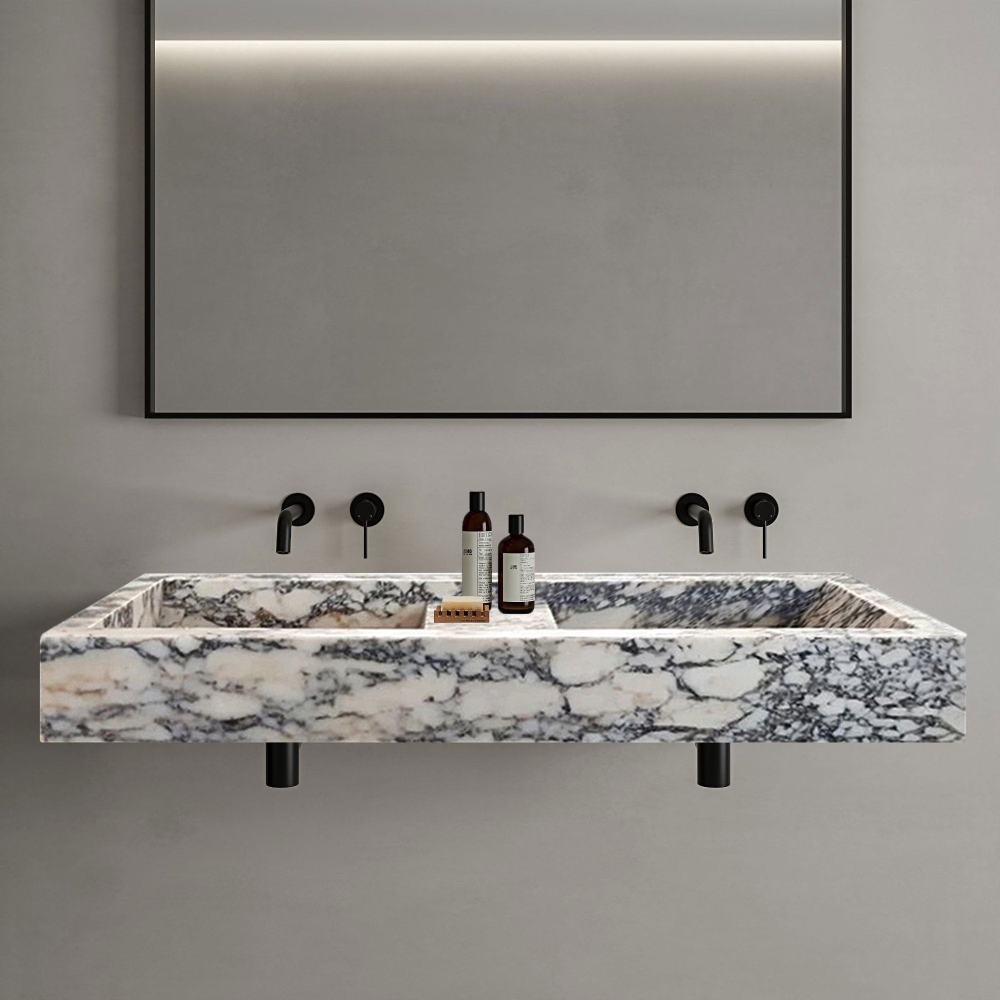 Villohome | Online Flooring Shop Stone Sinks 8-14 Weeks / (W)19" (L)53" (H)6" / Polished Calacatta Viola Marble Double Bathroom Sink Polished (W)19" (L)53" (H)6" Calacatta Viola Marble Double Bathroom Sink Polished (W)19" (L)53" (H)6"
