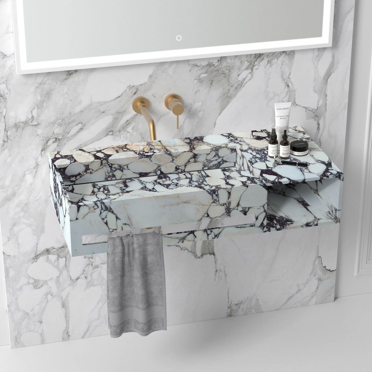 Villohome | Online Flooring Shop Stone Sinks 8-14 Weeks / (W)18" (W)60" (H)8" / Polished Calacatta Viola Marble Wall-mount Bathroom Sink Hidden Drain with Towel Holder and Shelf Calacatta Viola Marble Wall-mount Bathroom Sink Hidden Drain with Towel Holder and Shelf
