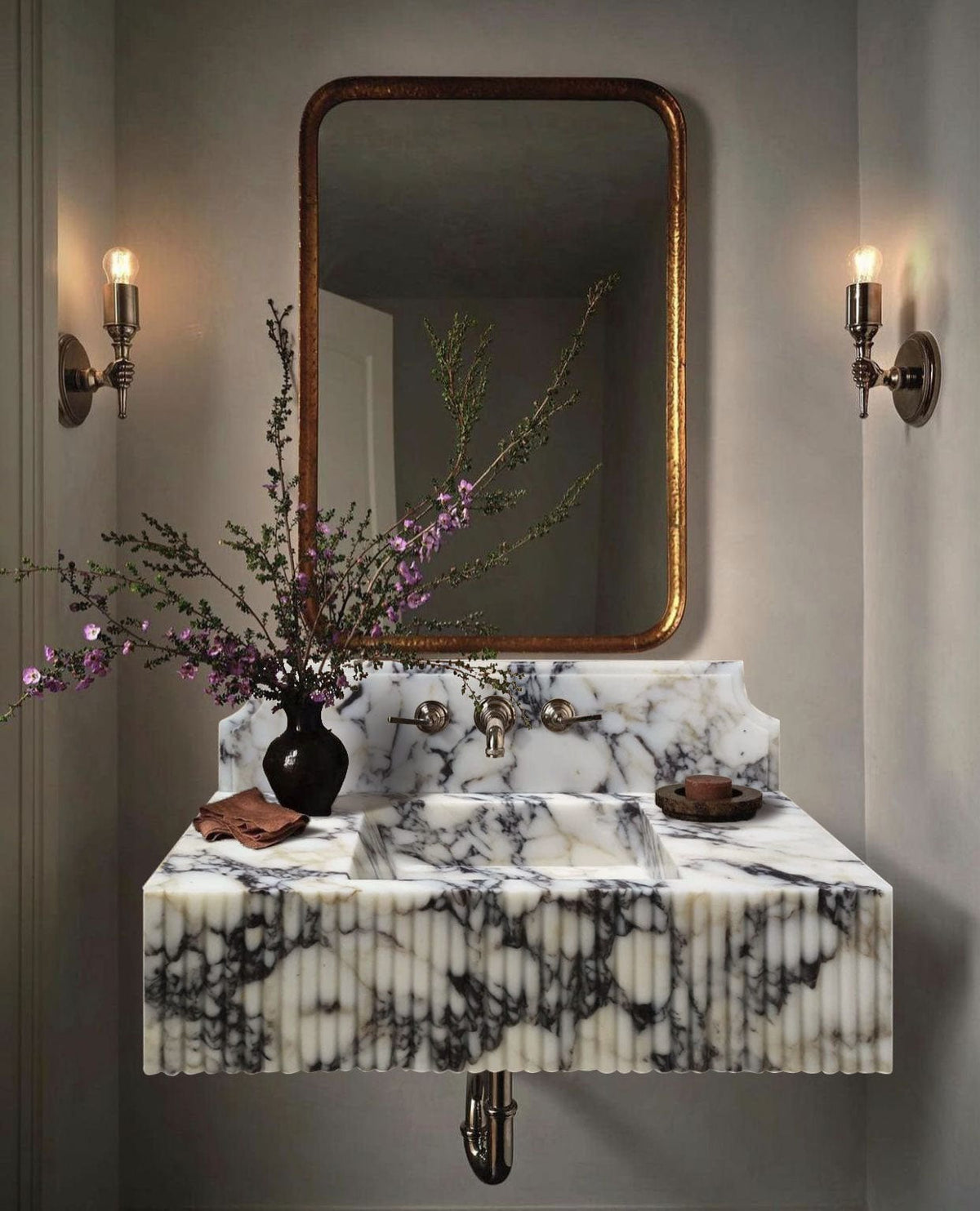 Villohome | Online Flooring Shop Stone Sinks Calacatta Viola Marble Wall-mount Bathroom Vanity Sink Fluted Front (W)21" (L)37" Calacatta Viola Marble Wall-mount Bathroom Vanity Sink Fluted Front (W)21" (L)37"
