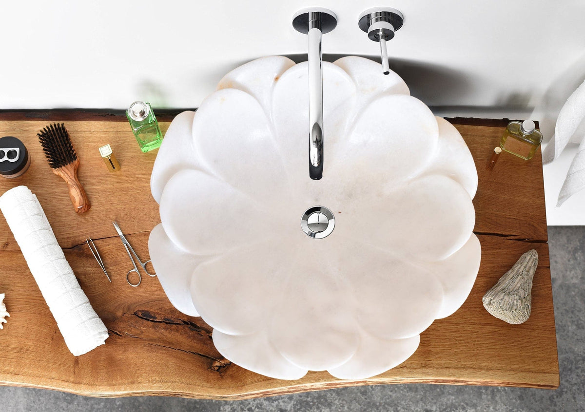 Villohome | Online Flooring Shop Stone Sinks Carrara White Marble Flower Shape Above Vanity Bathroom Sink Polished (D)17" (H)6" Carrara White Marble Flower Shape Above Vanity Bathroom Sink Polished (D)17" (H)6"