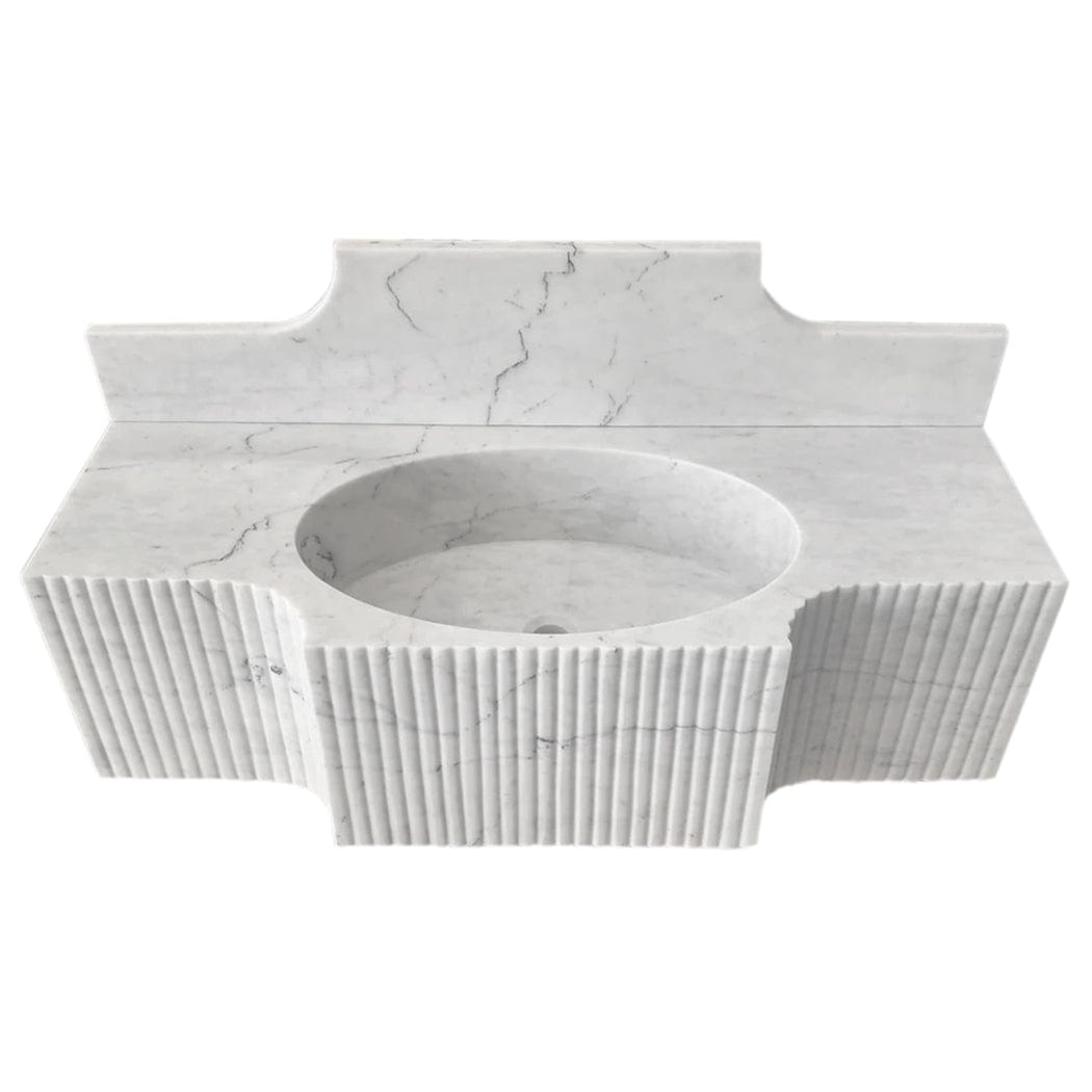 Villohome | Online Flooring Shop Stone Sinks Carrara White Marble Wall-mount Bathroom Sink with 10" Backsplash (W)18" (L)48" (H)10" Carrara White Marble Wall-mount Bathroom Sink with 10" Backsplash (W)18" (L)48" (H)10"