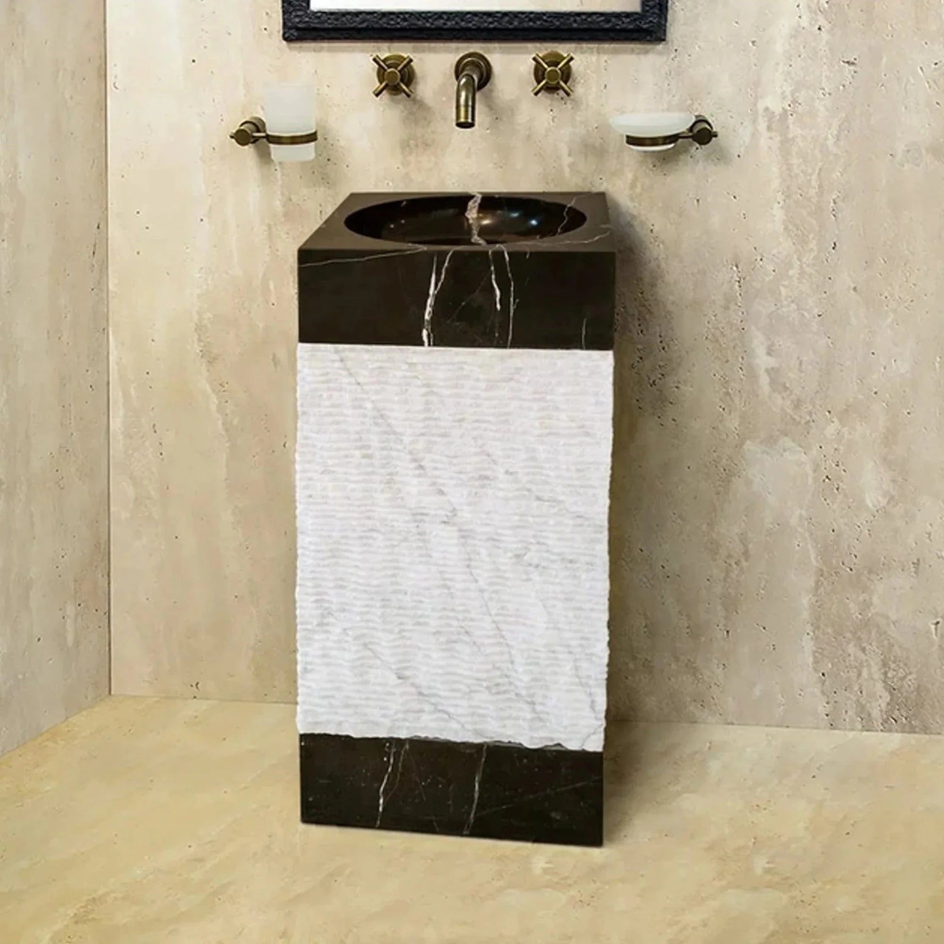 Villohome | Online Flooring Shop Stone Sinks Natural Stone 3 piece Marble Pedestal Stand-alone Sink Toros Black-Carrara White Natural Stone 3 piece Marble Pedestal Stand-alone Sink Toros Black-Carrara White