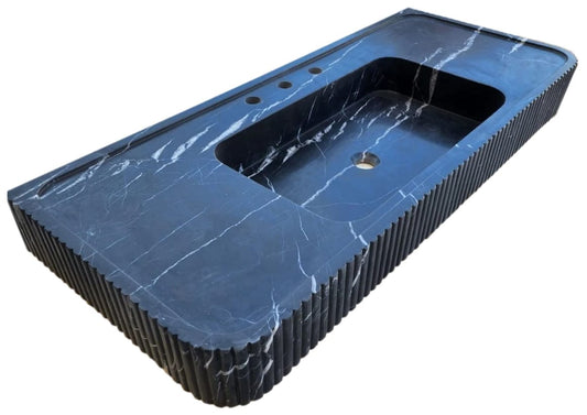 Villohome | Online Flooring Shop Stone Sinks Nero Marquina Marble Wall-mount Bathroom Vanity Sink Fluted Front (W)20" (L)48" (H)5" Nero Marquina Marble Wall-mount Bathroom Vanity Sink Fluted Front (W)20" (L)48" (H)5"