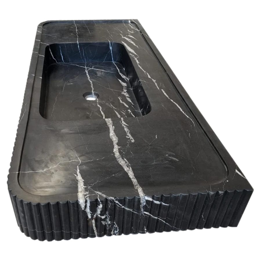Villohome | Online Flooring Shop Stone Sinks Nero Marquina Marble Wall-mount Bathroom Vanity Sink Fluted Front (W)20" (L)48" (H)5" Nero Marquina Marble Wall-mount Bathroom Vanity Sink Fluted Front (W)20" (L)48" (H)5"