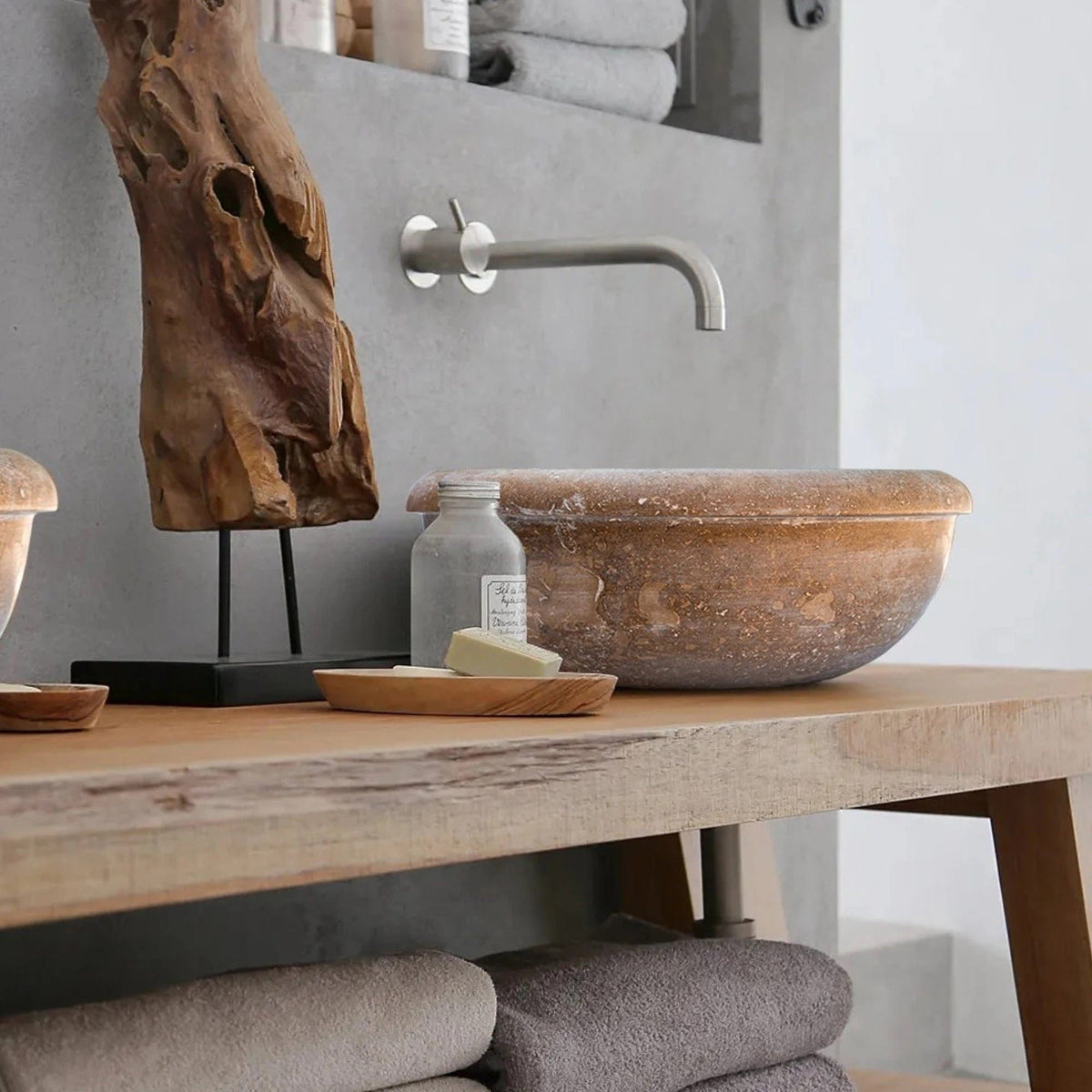 Villohome | Online Flooring Shop Stone Sinks 8-14 Weeks / (D)16" (H)6" / Honed/Matte Noce Brown Travertine Natural Stone Above Vanity or Drop-in Bathroom Sink (D)16" (H)6" Noce Brown Travertine Natural Stone Above Vanity or Drop-in Bathroom Sink (D)16" (H)6"