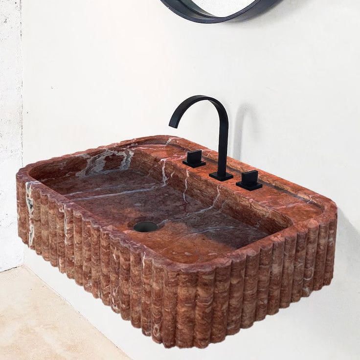 Villohome | Online Flooring Shop Stone Sinks 8-14 Weeks / (W)16" (W)24" (H)6" / Honed/Matte Red Travertine Wall-mount Bathroom Sink Ribbed Textured (W)16" (W)24" (H)6" Red Travertine Wall-mount Bathroom Sink Ribbed Textured (W)16" (W)24" (H)6"