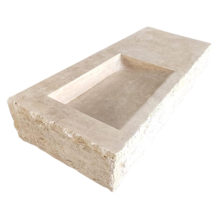 Villohome | Online Flooring Shop Stone Sinks Troia Light Travertine Rustic Rectangular Wall-mount Bathroom Sink (W)16" (L)36" (H)10" Troia Light Travertine Rustic Rectangular Wall-mount Bathroom Sink (W)16" (L)36" (H)10"