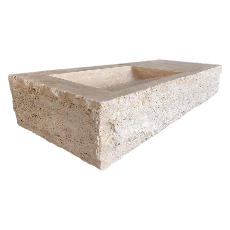 Villohome | Online Flooring Shop Stone Sinks Troia Light Travertine Rustic Rectangular Wall-mount Bathroom Sink (W)16" (L)36" (H)10" Troia Light Travertine Rustic Rectangular Wall-mount Bathroom Sink (W)16" (L)36" (H)10"