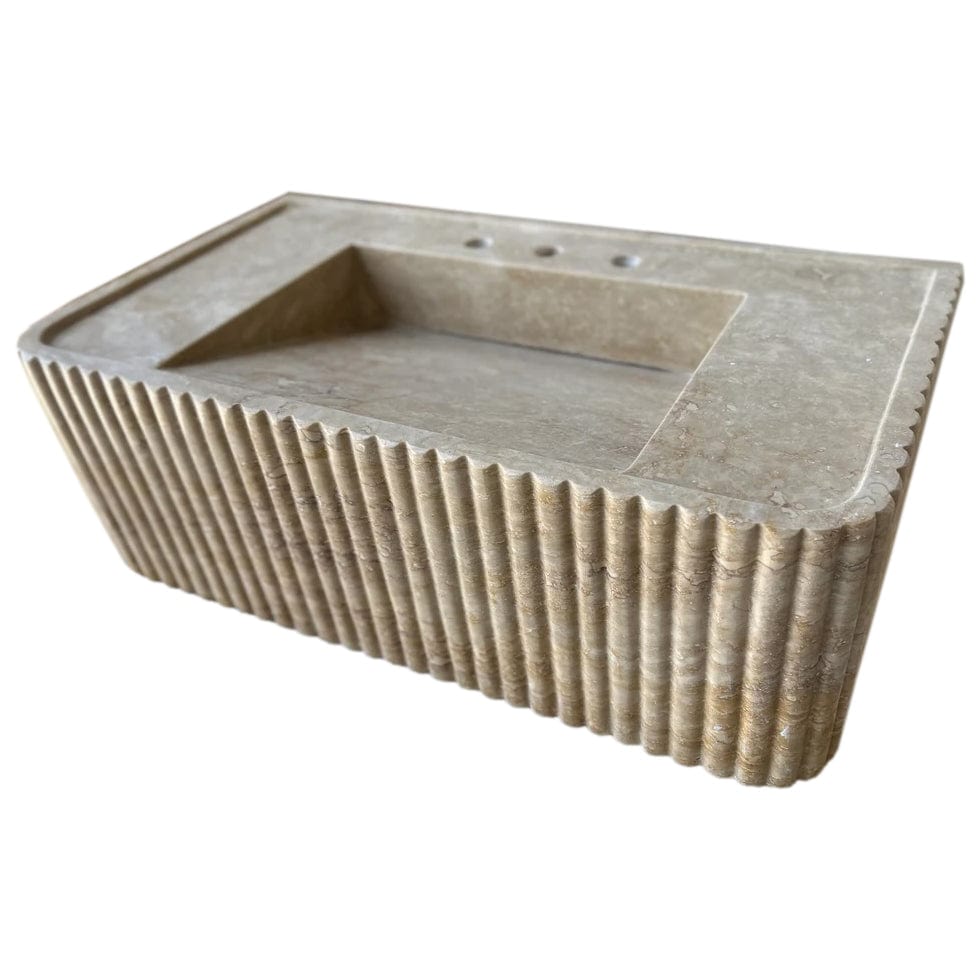Villohome | Online Flooring Shop Stone Sinks Walnut Travertine Rectangular Wall-mount Bathroom Sink Fluted (W)16" (L)32" (H)10" Walnut Travertine Rectangular Wall-mount Bathroom Sink Fluted (W)16" (L)32" (H)10"