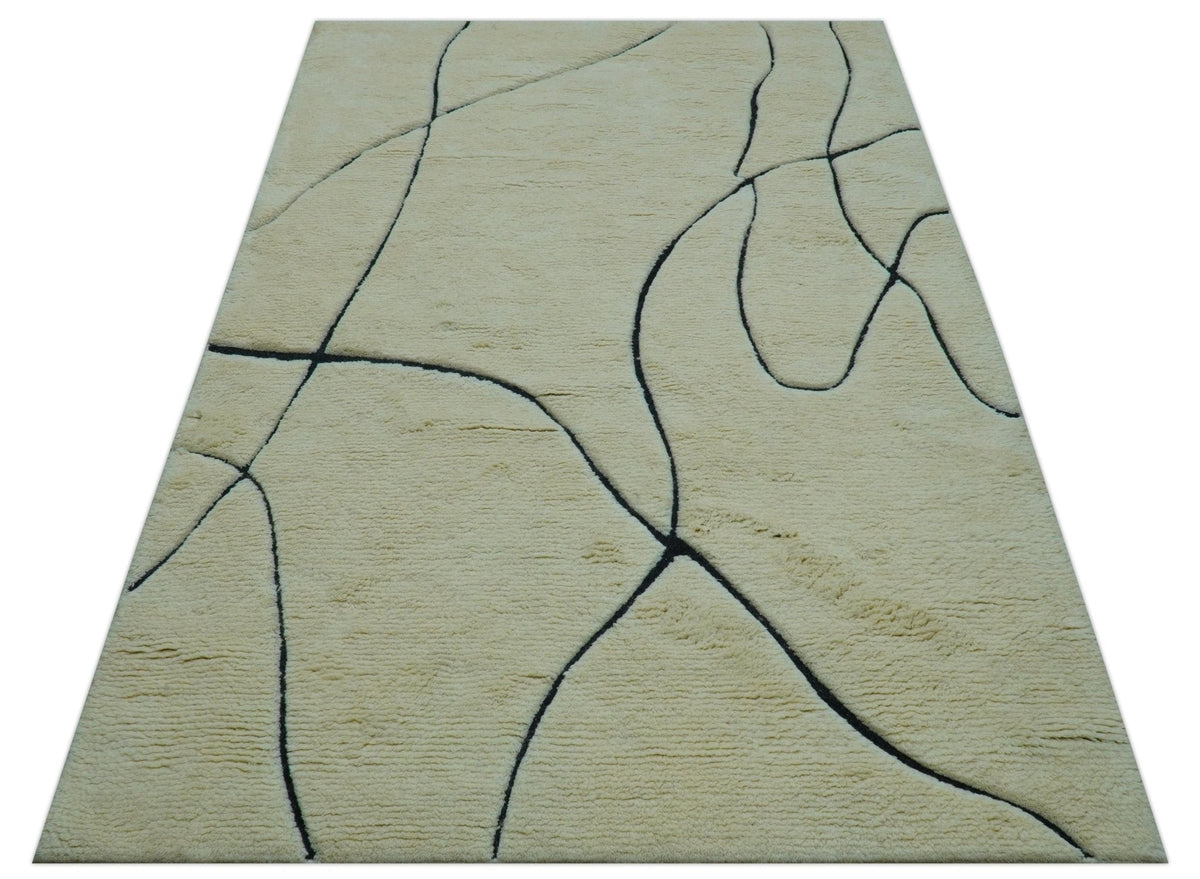 Strokes Custom Made Contemporary Cream Hand Knotted Wool Rug.