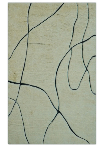 Strokes Custom Made Contemporary Cream Hand Knotted Wool Rug.