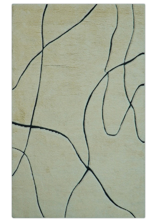 Strokes Custom Made Contemporary Cream Hand Knotted Wool Rug.