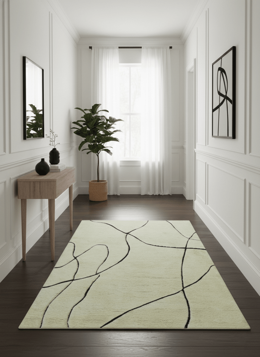Strokes Custom Made Contemporary Cream Hand Knotted Wool Rug.