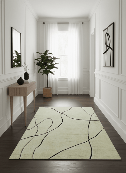 Strokes Custom Made Contemporary Cream Hand Knotted Wool Rug.
