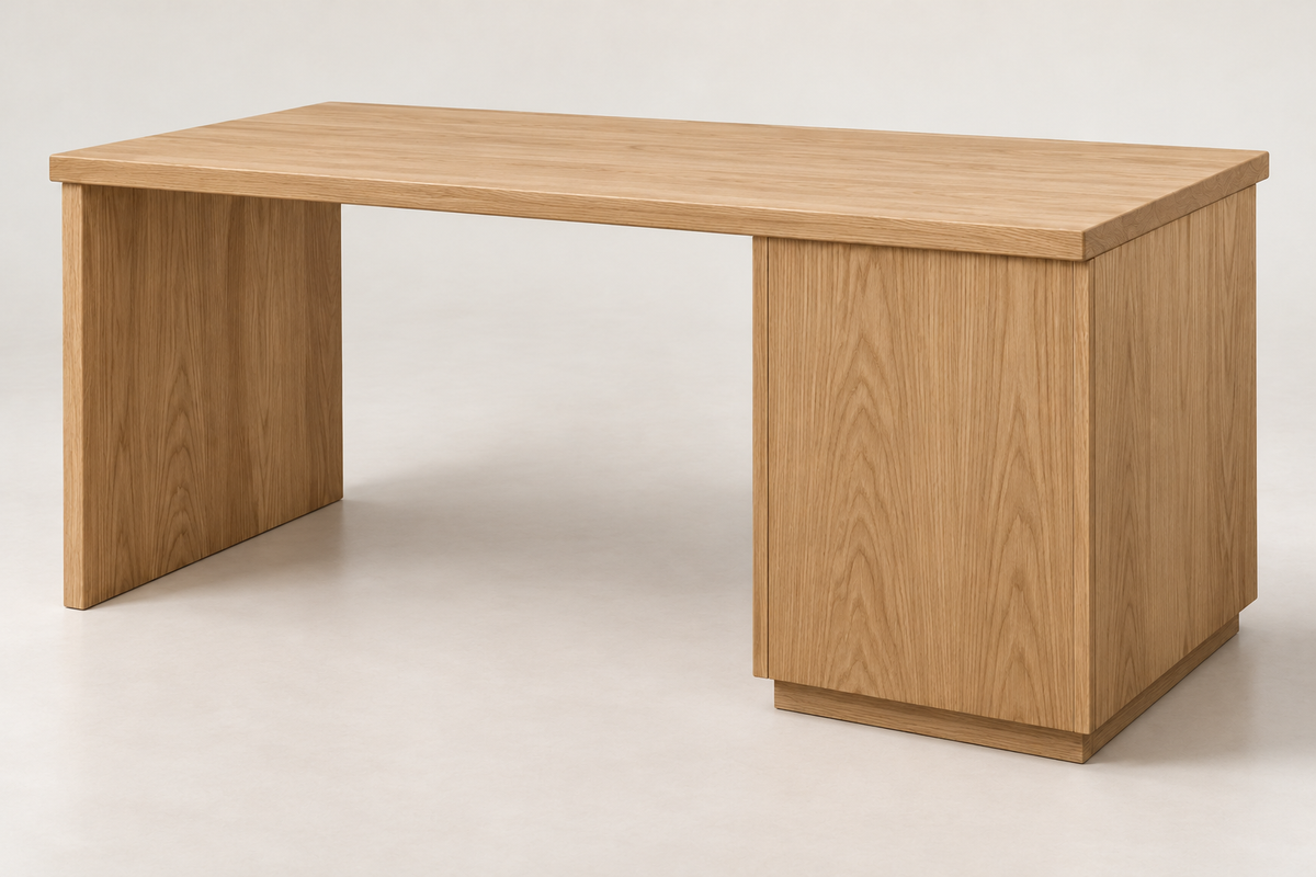 The Studio Desk – finished back in natural plain-sawn white oak, design render