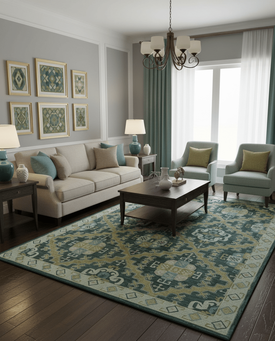 Taj Custom Made Teal Traditional Design Hand Tufted Wool Rug.