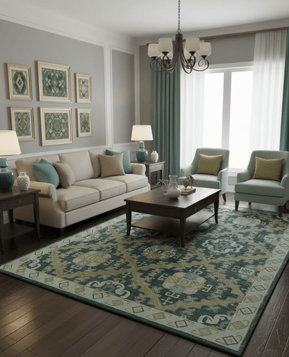 Taj Custom Made Teal Traditional Design Hand Tufted Wool Rug.