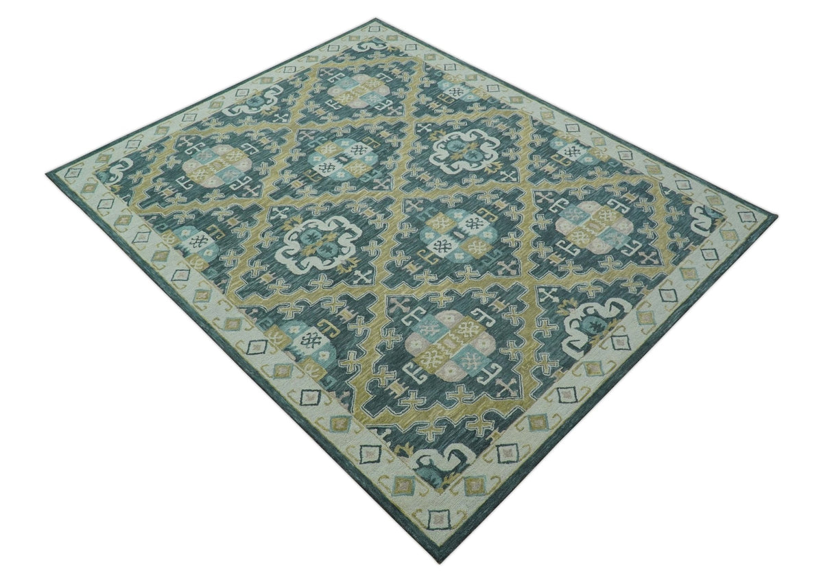 Taj Custom Made Teal Traditional Design Hand Tufted Wool Rug.