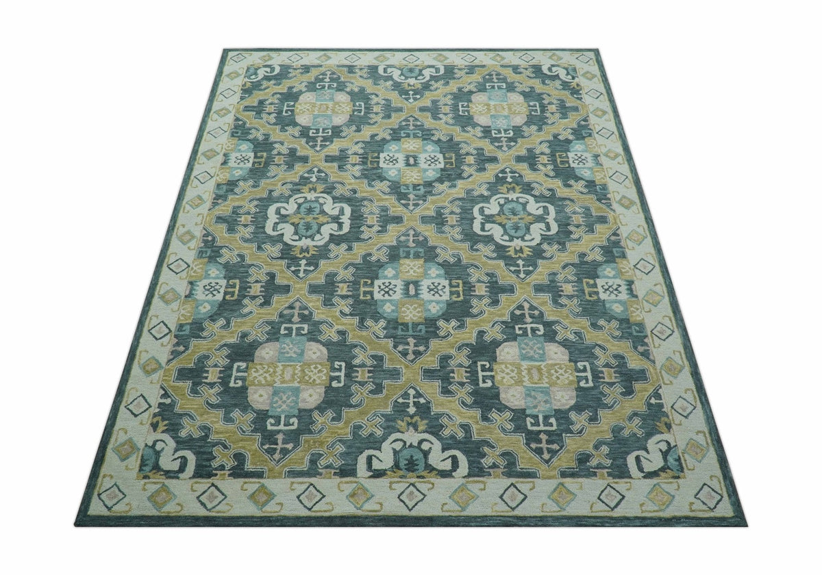 Taj Custom Made Teal Traditional Design Hand Tufted Wool Rug.