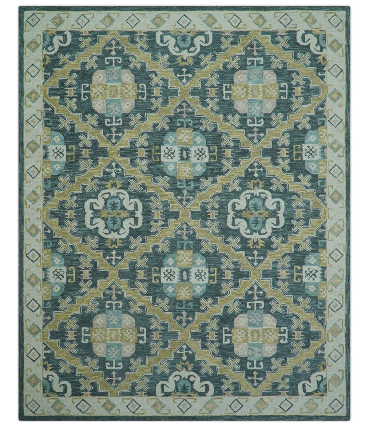 Taj Custom Made Teal Traditional Design Hand Tufted Wool Rug.
