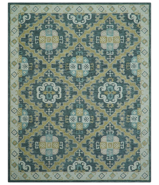 Taj Custom Made Teal Traditional Design Hand Tufted Wool Rug.