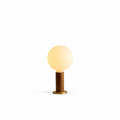 Knuckle Table Lamp in Walnut + Sphere IV on a white background