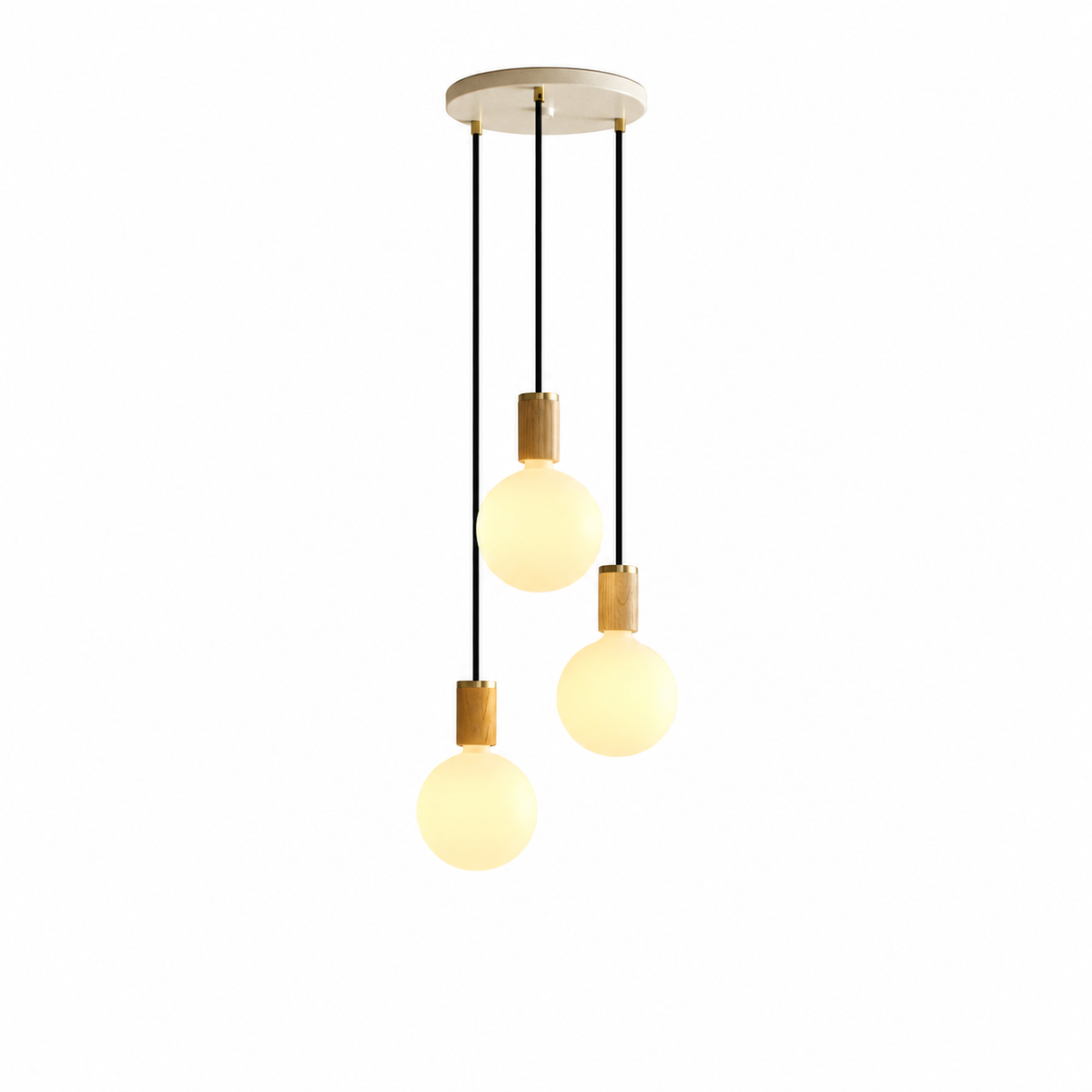 Triple Pendant in Oak + Sphere IV on a white background