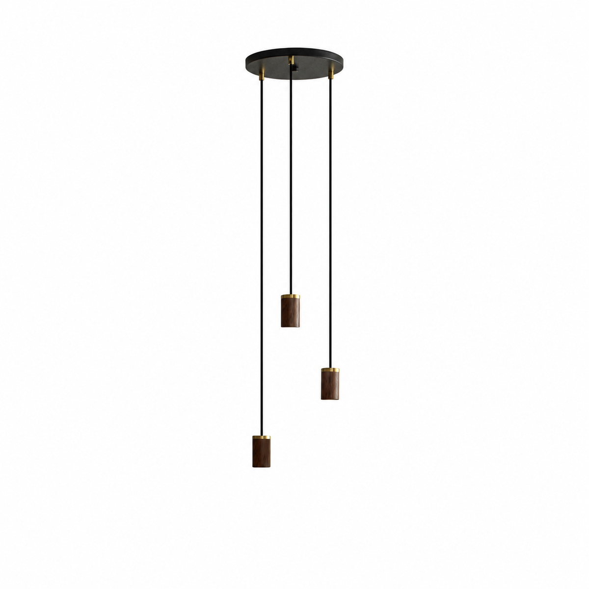 Triple Pendant in Walnut - Black Canopy on a white background