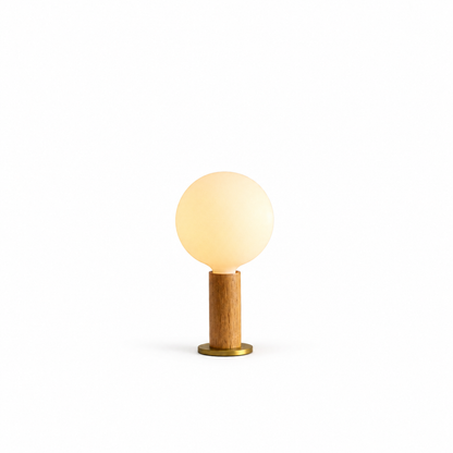 Knuckle Table Lamp in Oak + Sphere IV on white background