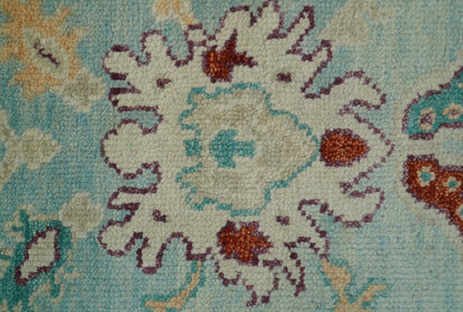 Teal And Beige Traditional Oushak Hand Knotted Wool Area Rug.