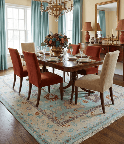 Teal And Beige Traditional Oushak Hand Knotted Wool Area Rug.