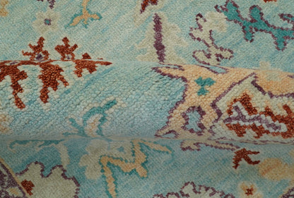 Teal And Beige Traditional Oushak Hand Knotted Wool Area Rug.