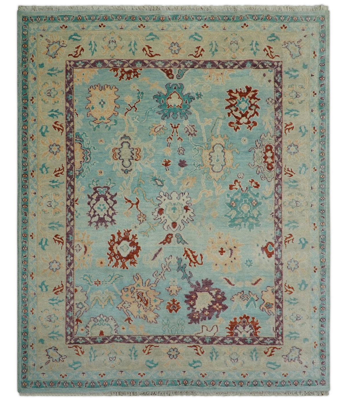 Teal And Beige Traditional Oushak Hand Knotted Wool Area Rug.