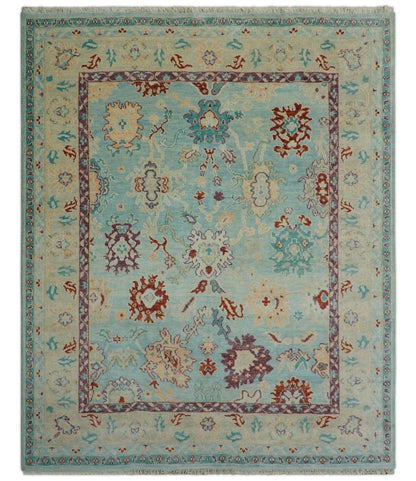 Teal And Beige Traditional Oushak Hand Knotted Wool Area Rug.