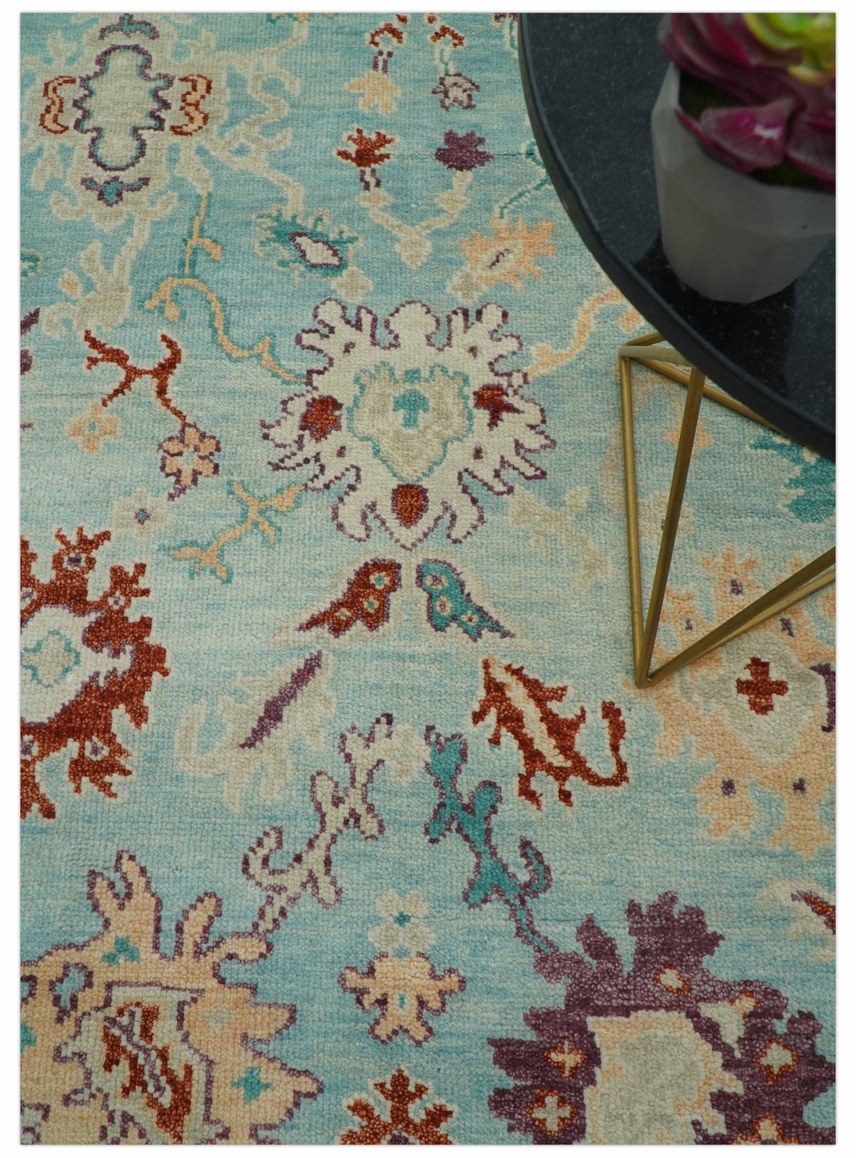 Teal And Beige Traditional Oushak Hand Knotted Wool Area Rug.