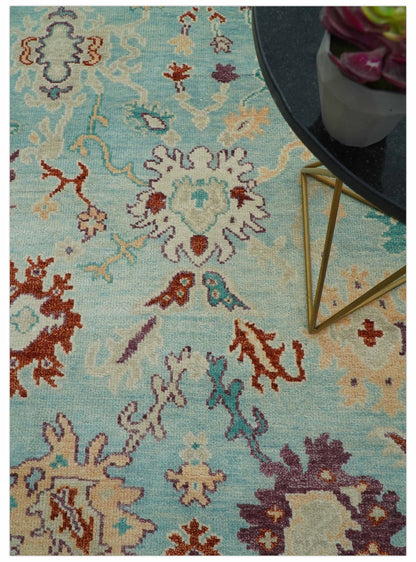 Teal And Beige Traditional Oushak Hand Knotted Wool Area Rug.