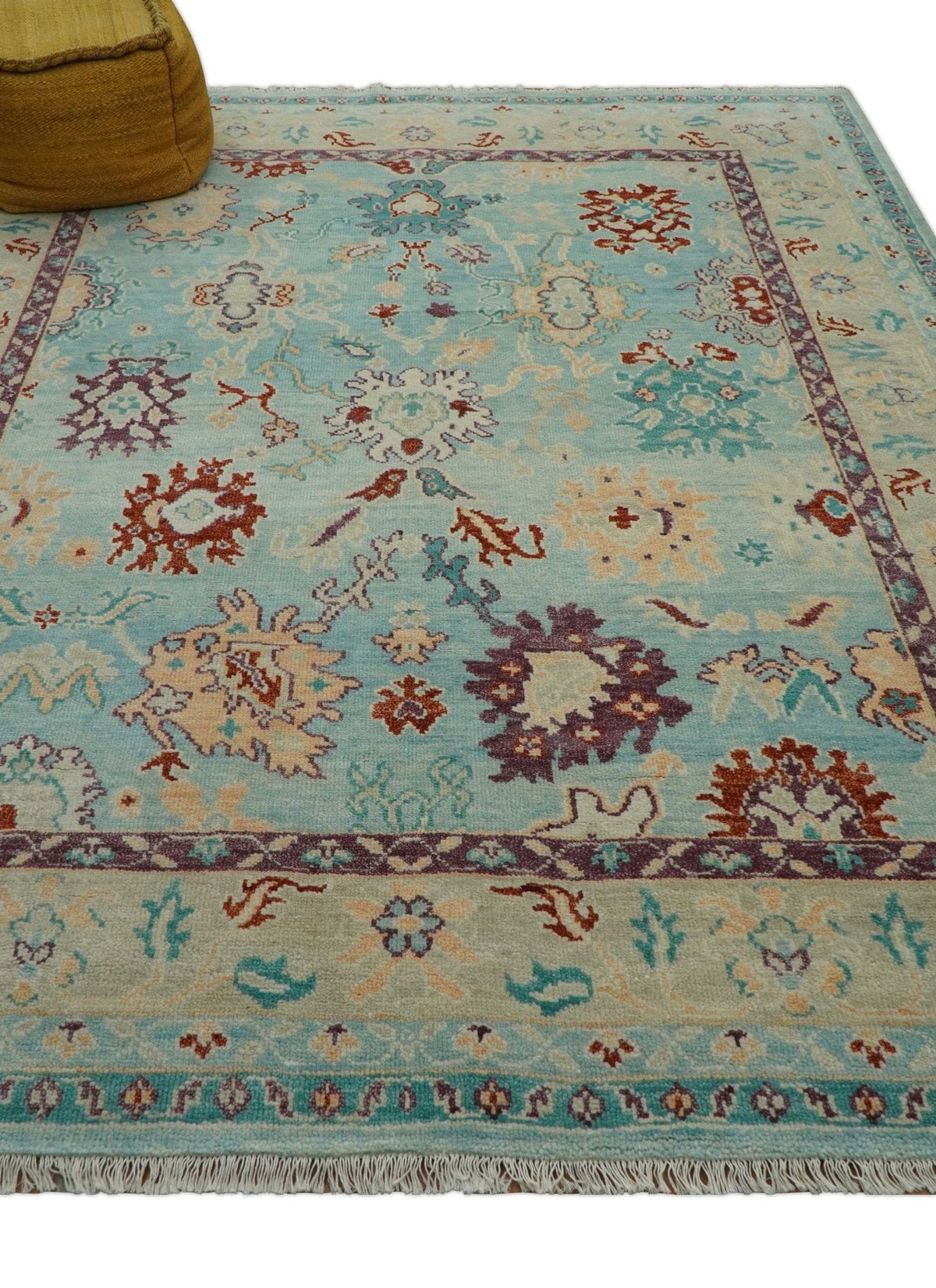 Teal And Beige Traditional Oushak Hand Knotted Wool Area Rug.