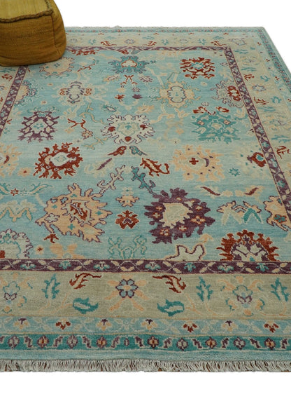 Teal And Beige Traditional Oushak Hand Knotted Wool Area Rug.