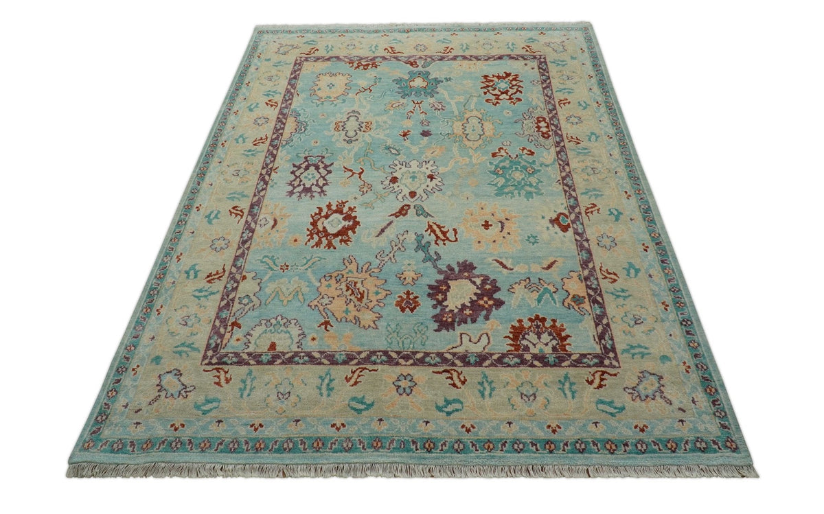 Teal And Beige Traditional Oushak Hand Knotted Wool Area Rug.