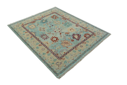 Teal And Beige Traditional Oushak Hand Knotted Wool Area Rug.