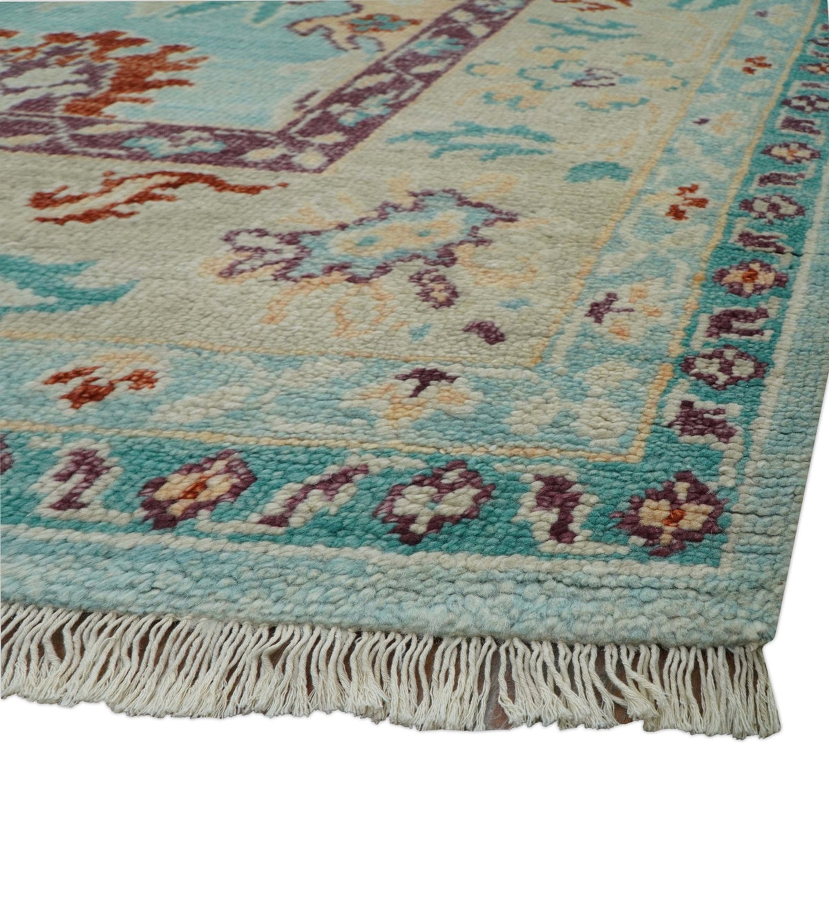 Teal And Beige Traditional Oushak Hand Knotted Wool Area Rug.