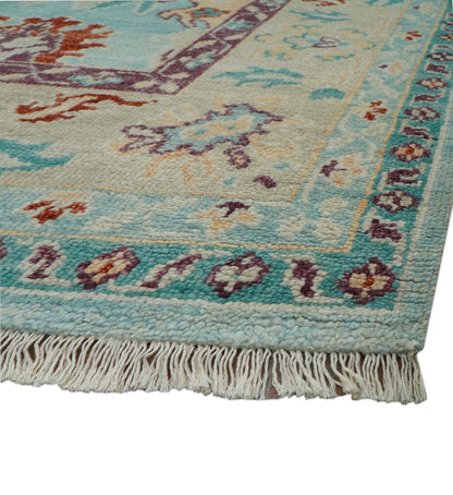 Teal And Beige Traditional Oushak Hand Knotted Wool Area Rug.
