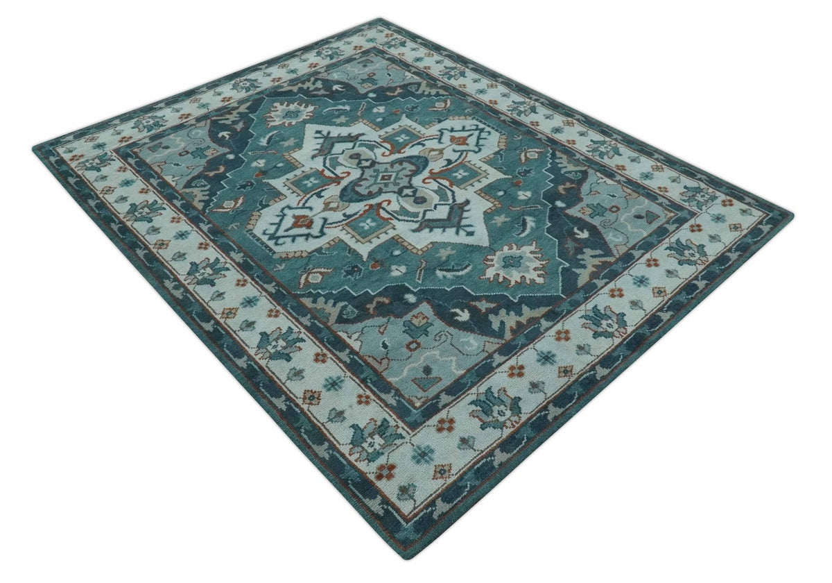 Teal and Silver Traditional Heriz Floral Hand Knotted Multi Size wool Area Rug.