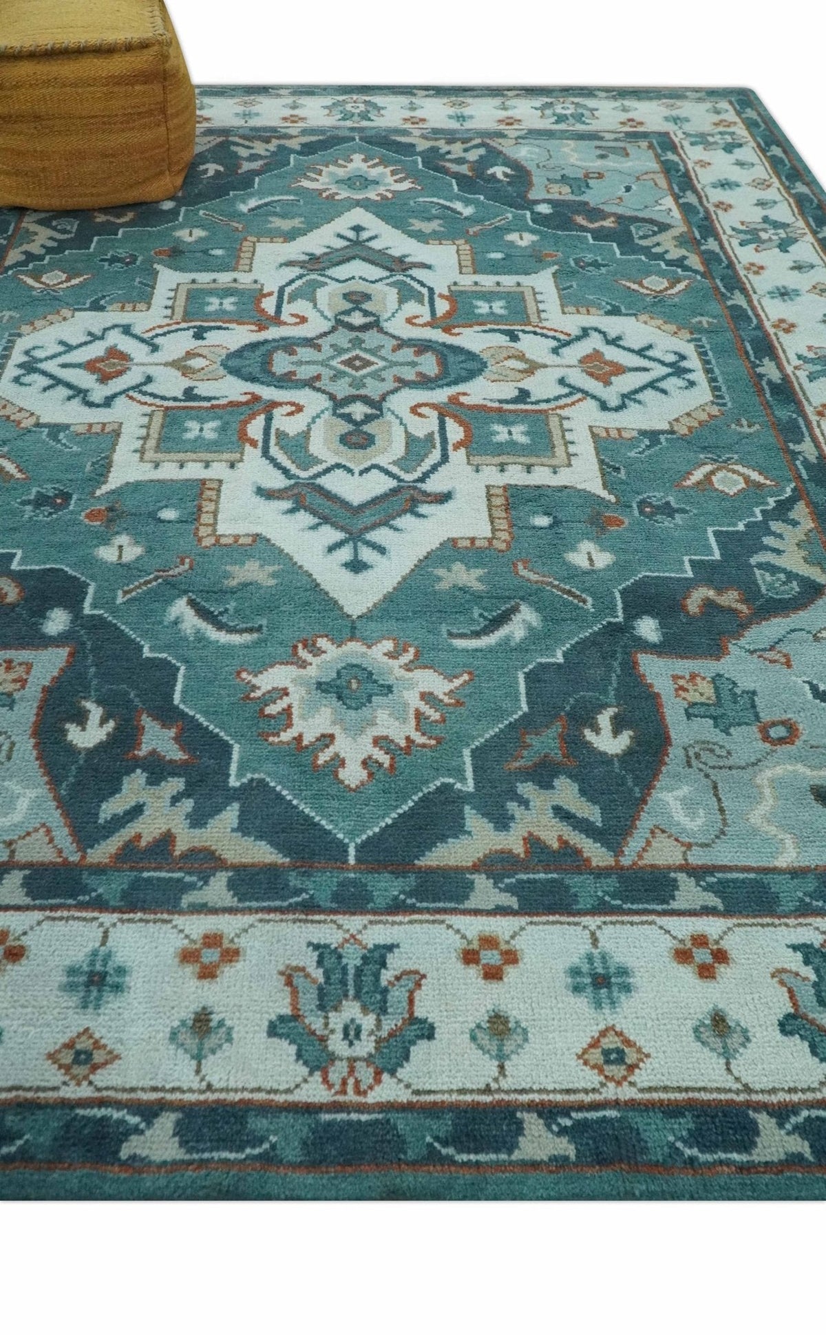 Teal and Silver Traditional Heriz Floral Hand Knotted Multi Size wool Area Rug.