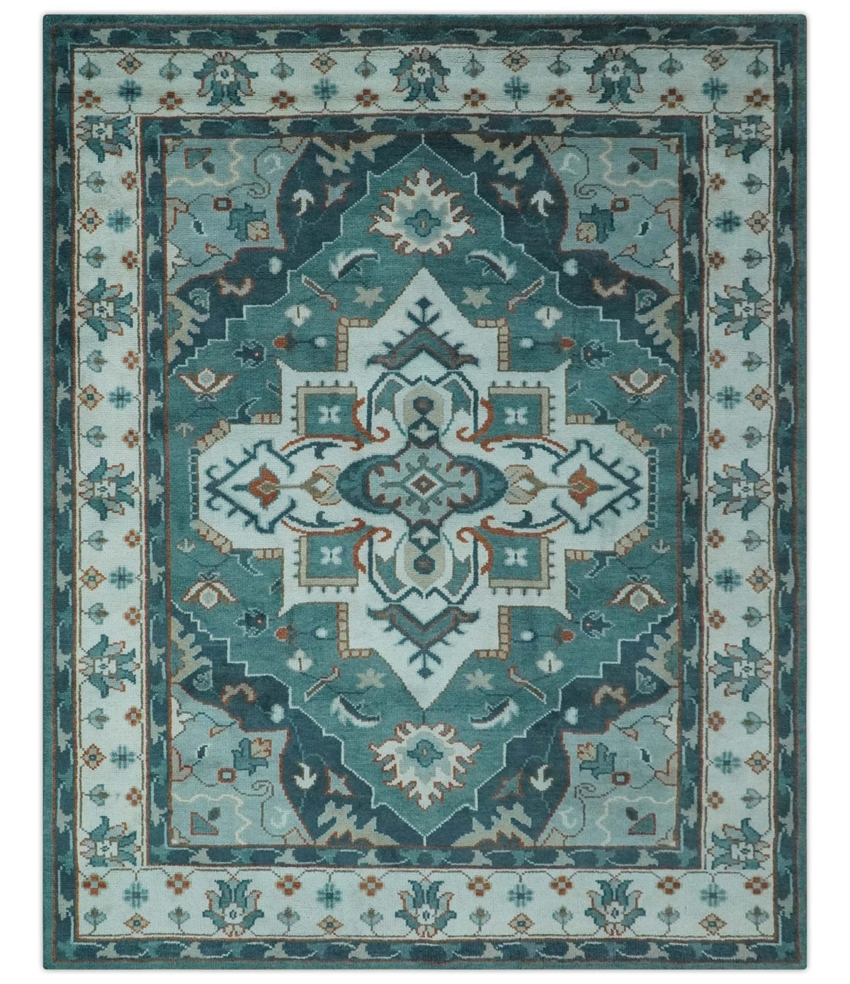 Teal and Silver Traditional Heriz Floral Hand Knotted Multi Size wool Area Rug.