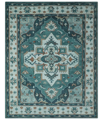 Teal and Silver Traditional Heriz Floral Hand Knotted Multi Size wool Area Rug.
