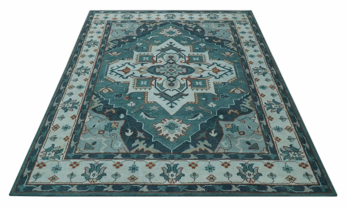 Teal and Silver Traditional Heriz Floral Hand Knotted Multi Size wool Area Rug.