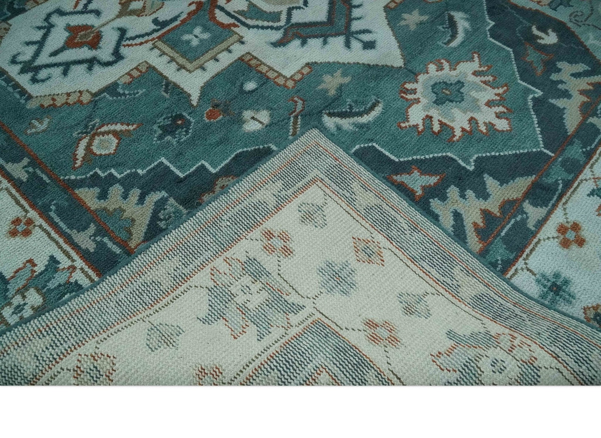 Teal and Silver Traditional Heriz Floral Hand Knotted Multi Size wool Area Rug.