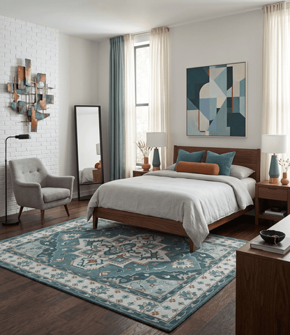 Teal and Silver Traditional Heriz Floral Hand Knotted Multi Size wool Area Rug.